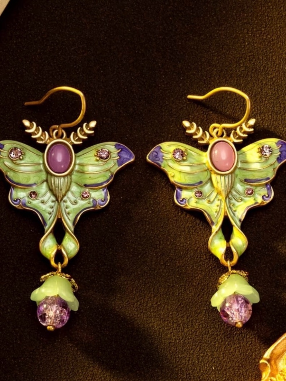 Asian Inspired Green and Purple Butterfly Drop Earrings French Hook